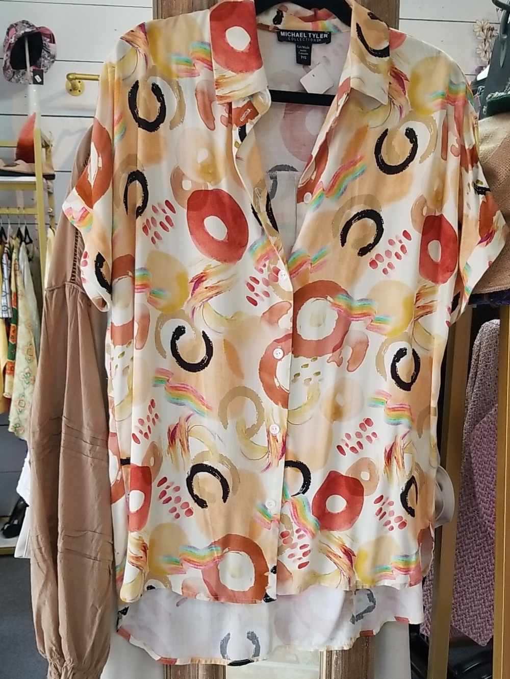 Michael Tyler Cream Abstract Print Short Sleeve Button-Down Shirt